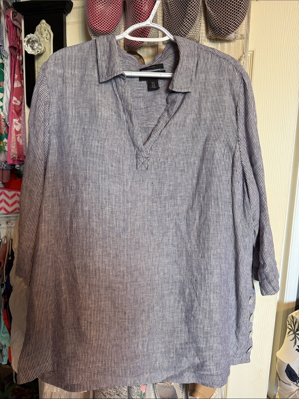 Tahari Blue and White Pinstripe Casual Button-Down Shirt